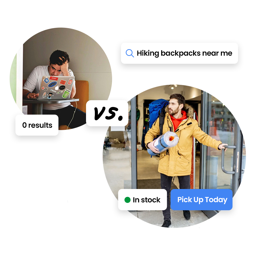 A shopper who can't see what is in stock vs a customer who used Local Inventory Ads to get a backpack